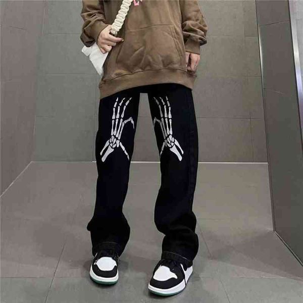 

skull print jeans men and women hip-hop loose straight casual ripped denim trousers gothic street trend retro style 0309, Blue