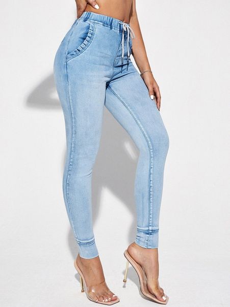 

drawstring tie waist lettuce trim skinny jeans h1yn#, Blue