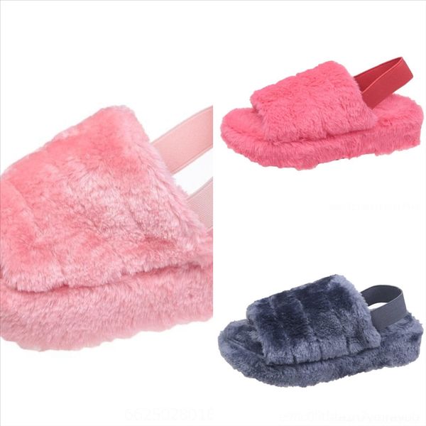 

s78 slippers women slides shallow pointed plush slippers toe med shoes flock heels pantofle thin summer luxury fur flip new flops designer, Black