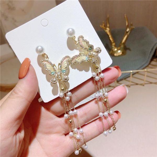 

korean fashion pearl long drop earring jewelry silver color needle cute butterfly tassel dangle earrings for women accessories