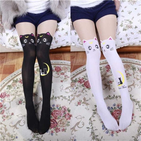 

new fashion 1pair cat thigh high over knee cute long stockings for girls ladies women 2 solid colors, Black;white