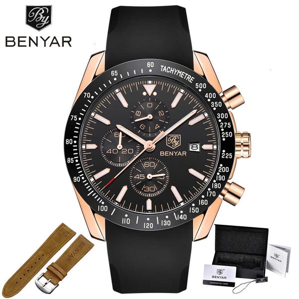 

benyar men watches brand luxury silicone&steel band wristwatches man leather chronograph quartz military watch relogio masculino, Silver