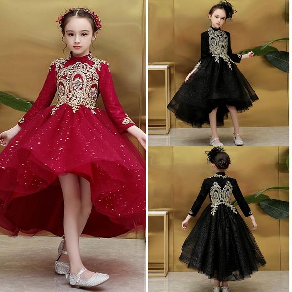 Preto vermelho menina pageant vestidos com renda de ouro gola alta alta baixa bling tule vestido da menina de baile vestido de festa de noite crianças p34