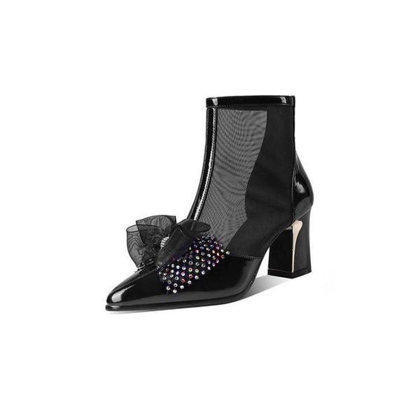 

women's pointed-toe bow man-made diamond small short boots spring and autumnchunky-heel hollow out women's shoes lady shoes -40, Black