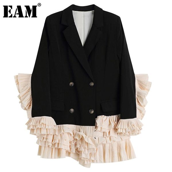 

eam] женщины сращенные рюшами черный blazer новый вырезанный воротник с длинным рукавом свободная подходящая куртка мода прилив весна осень, White;black