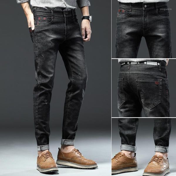 

voreloce classic waist striped star embroidery men's slim cotton jeans 2021 brand clothing fashion boys black pencil denim jeans1, Blue