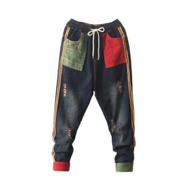 

women's jeans artistic retro denim trousers elastic waist washed make old ripped patch flanging harem pants, Blue