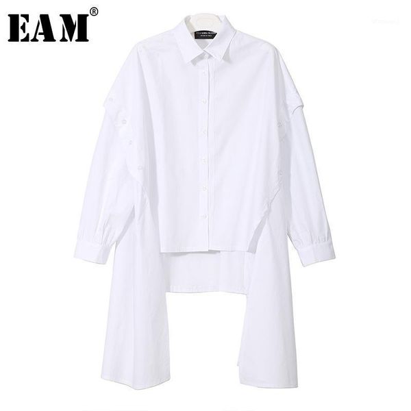 

eam] 2020 new spring lapel long sleeve black irregular hem button split joint loose big size shirt women bouse fashion jg7251, White