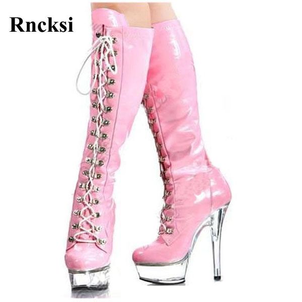 

boots rncksi fashion women pole dance wedding night club party quee dress lace up 15cm heels high knee, Black