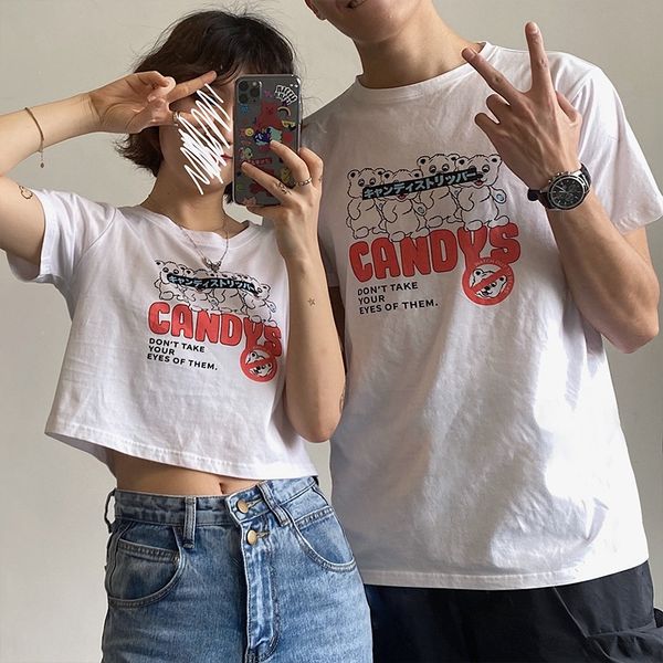 

cotton 2020 new short t-shirt women's summer navel exposed korean wear couple weart-shirt couple outfitversion ins fashionable and comf, White