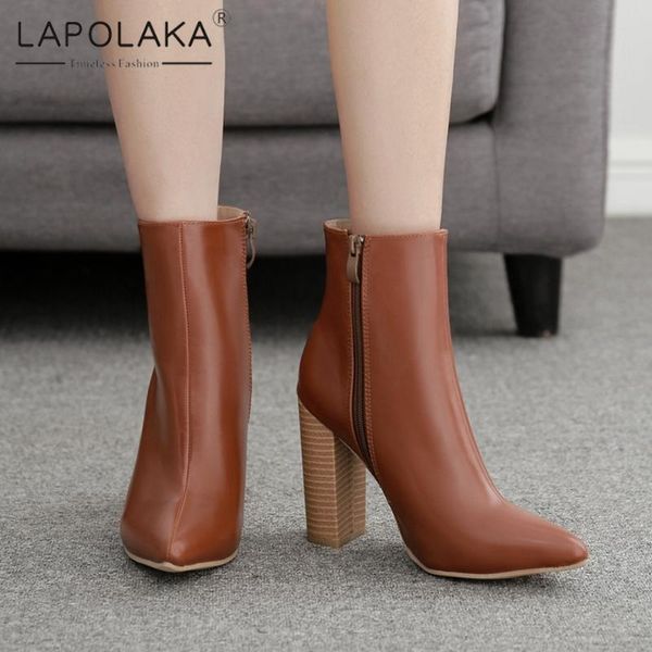 

lapolaka 2021 fashion concise female work boots square heel pointed toe zip solid super high heel ankle boot zipper shoes, Black