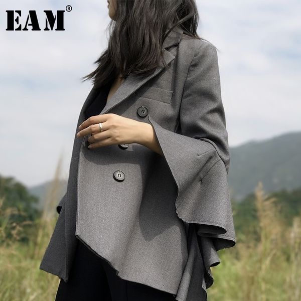 

[eam] women gray ruffles temperament blazer new lapel three-quarter sleeve loose fit jacket fashion spring autumn 2020 lj201021, White;black