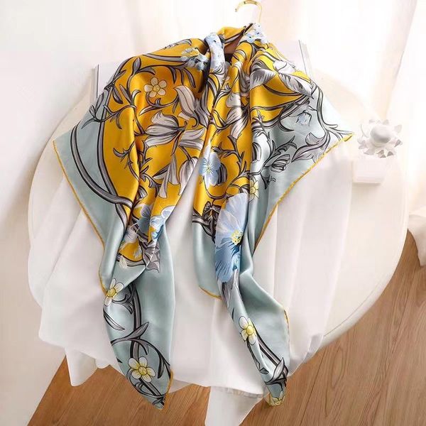 

pure silk satin flower print seda skarf woman fashion femme foulard soie accesorios mujer british luxury stole big size scarf, Blue;gray