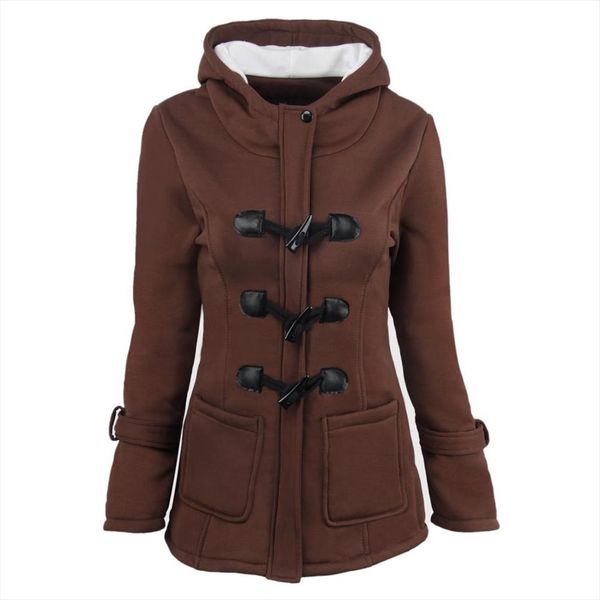 

womens fleece jacket 2020 horn button cotton coat warm thick long hooded outerwear fit coats fashion autumn winter6xl, Black