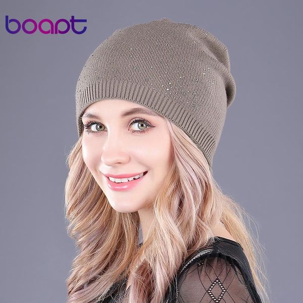 

[boapt] cashmere knitting beanie caps for women's winter hats rhinestones double-deck warm skullies beanies female fashion hat, Blue;gray