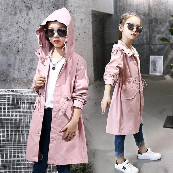 

children's windbreaker spring toddler kids hooded drawstring waist jacket teenager girls long windproof trench coat fall clothes, Blue;gray