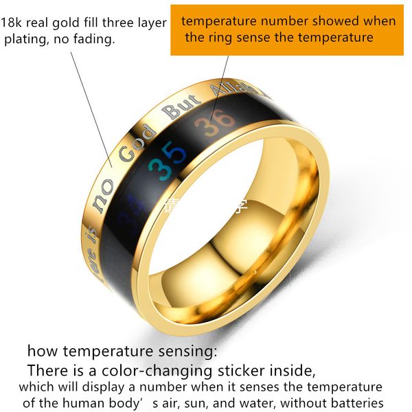 

2021 luxury stainless steel jewelry mens man new smart temperature sensing display letter no battery high technology muslim ring, Silver