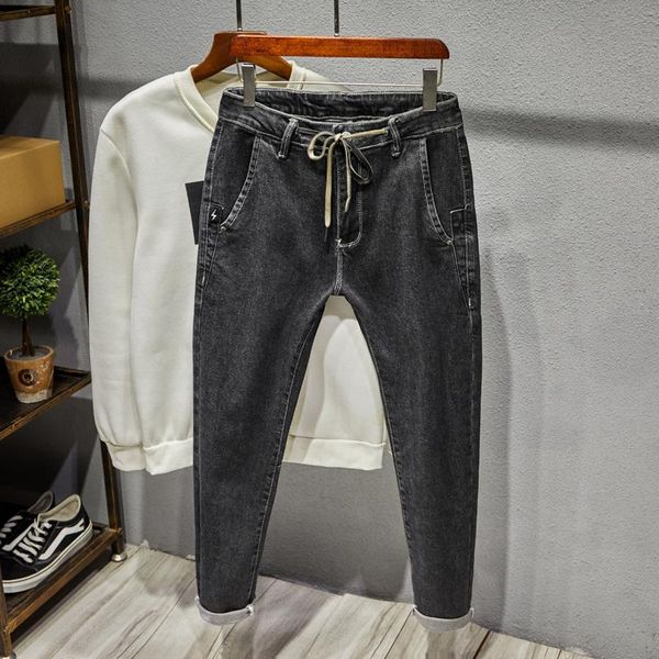 

men's jeans autumn and winter solid color elastic waist stretch harem denim trousers multi-pocket casual pants, Blue