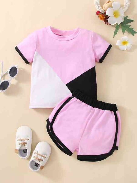 

baby colorblock tee with contrast binding shorts she, White