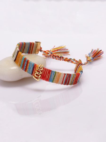 

charm bracelets boho bohemia gold mixed cz pave letter word love tag soft cotton silk tassel wristband adjustable bracelet for woman, Golden;silver