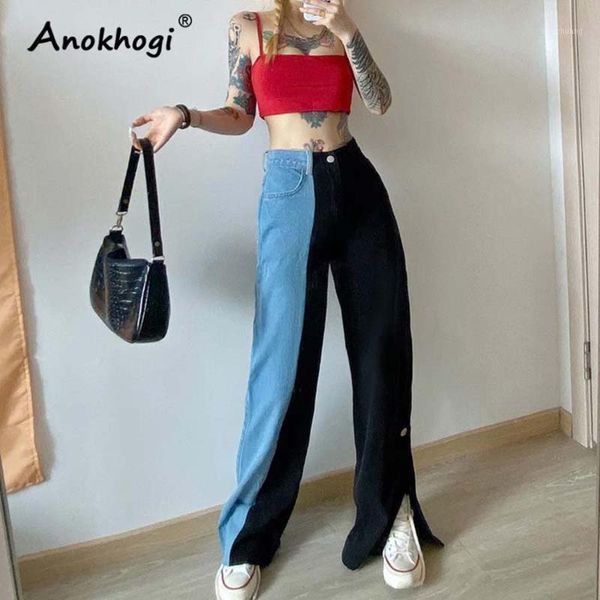 

women's high waist wide leg pants 2020 new european style hit color casual patchwork jeans1, Blue