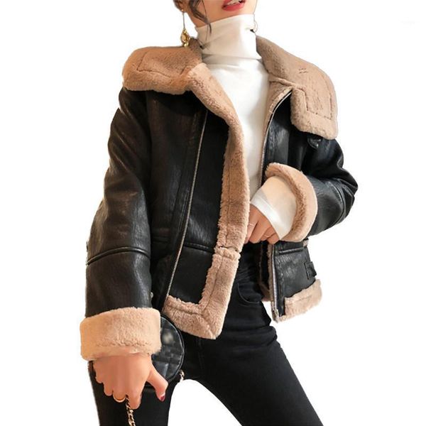

women 2020 new autumn winter artificial lambswool pu leather jackets coats female casual outerwear warm motorcycle jackets v6561, Black