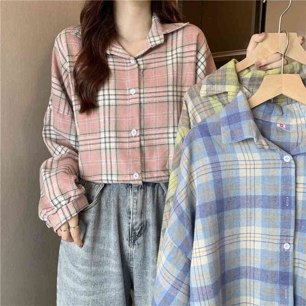 

women's blouses & shirts autumn vintage plaid oversized blouse women korean fashion lantern sleeve cotton student button up mujer oxjx, White