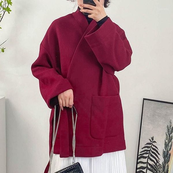 

women lace-up woolen coat large pockets v-neck loose casual autumn and winter new jackets1, Black