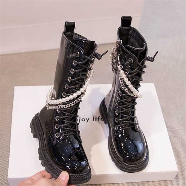 Botas de inverno para crianças meninas crianças moda pérola e metal cadeias chique couro lustroso à prova d 'água alta 211227