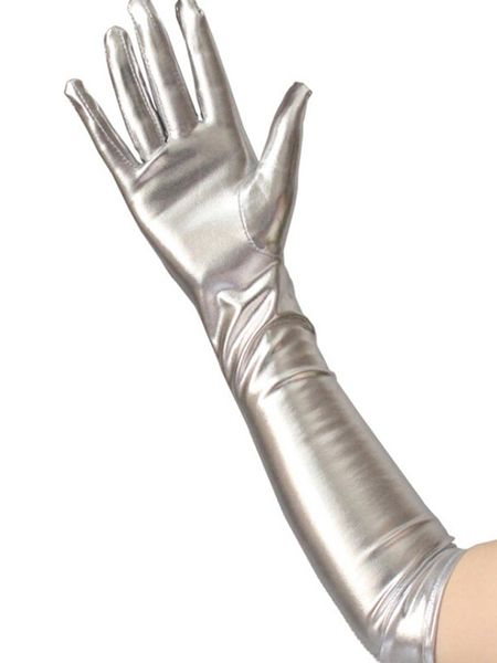 

five fingers gloves gold silver wet look fake leather metallic evening party performance mittens women elbow length long latex, Blue;gray