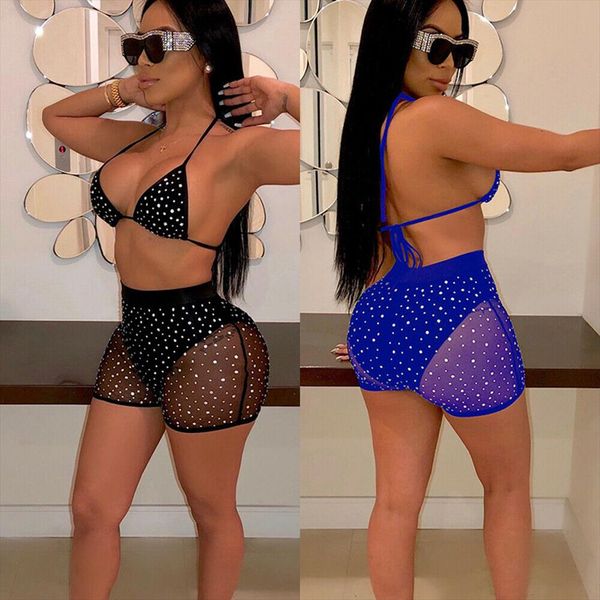 

hirigin women bra short rhinestone crystal mesh push up suit 2pcs bikini set bathing beach wear, Gray