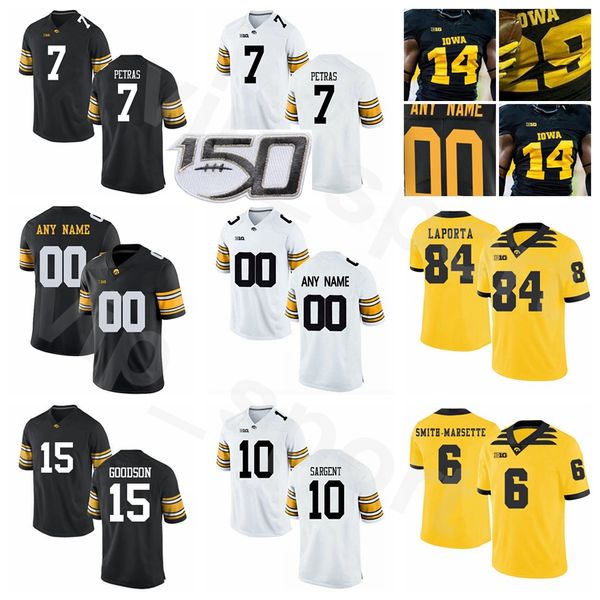 College NCAA Iowa Hawkeyes Football 15 Tyler Goodsoni Jersey 7 Spencer Petras 10 Mekhi Sargent 84 Sam Laporta Ed Nero Bianco Giallo