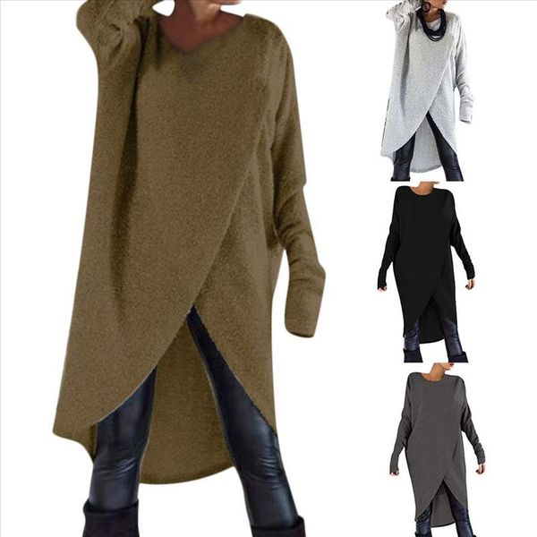 

платье женщины сплошной цвет с длинным рукавом нерегулярное подол большой размер вязание пуловер свободная блузка платье drop доставка, Black;gray