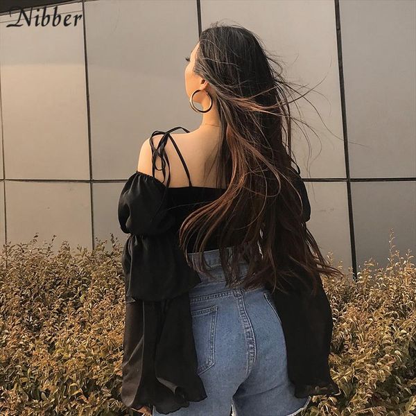 

autumn fashion black see through crop women2020fall winter club party night lace up off shoulder tee shirt mujer, White