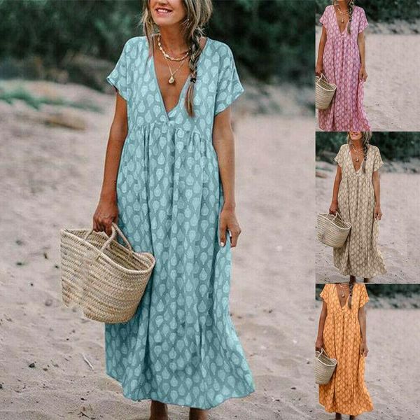 

2021 summer women boho floral short sleeve long dress tunic loose holiday sundress women girl casual loose holiday dresses, Black;gray