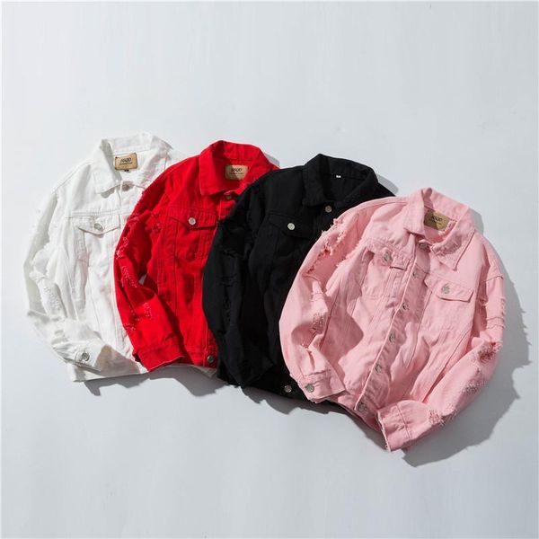 

men fashion street style slim fit distressed ripped multi-colors jean coat trucker denim jacket with holes, Black;brown