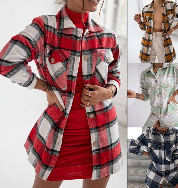 

2020 slim straight tube long sleeve single breasted pocket printed plaid autumn / winter shirt coat is versatile and long, Black;brown