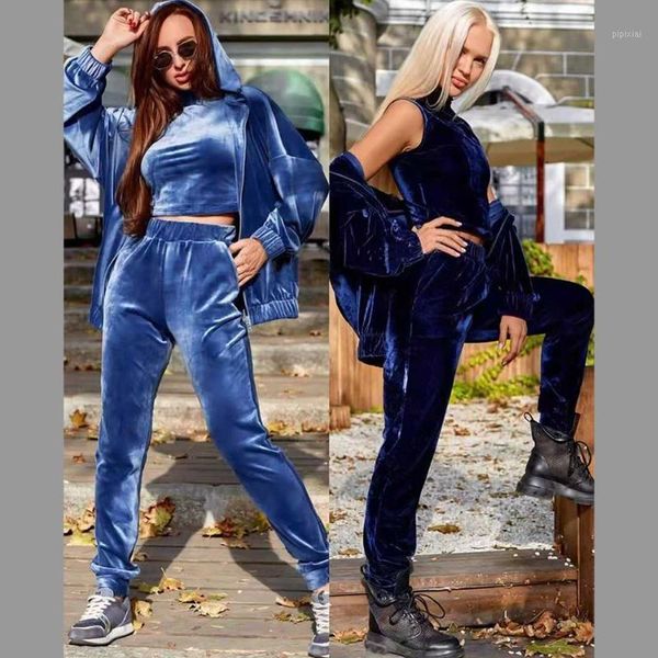 

2020 winter women's velvet smooth sportswear 3 three-piece set hooded jacket and vest and pants casual suit1, Gray