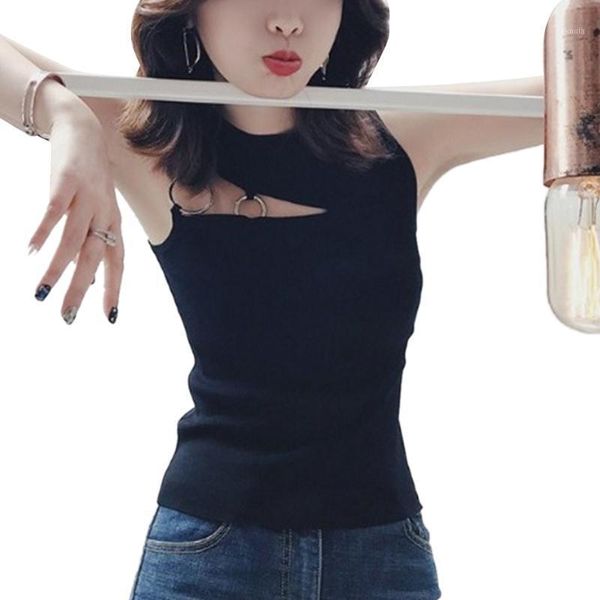 

fashion women's solid ribbed knit sleeveless cut out o ring halter tank 1, White