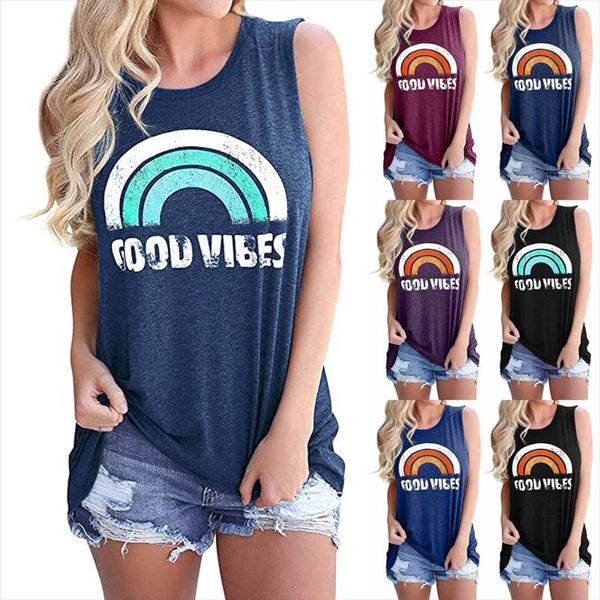 

2020 new summer tank women good vibes rainbow print sleeveless o neck casual loose cotton harajuku vest ladies dropship, White