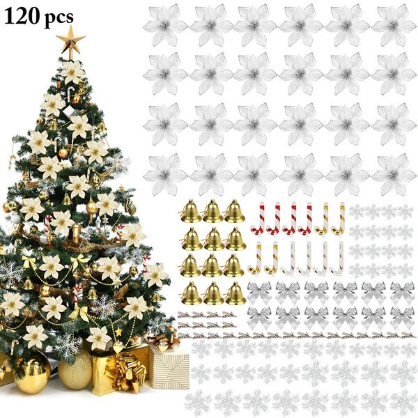 

set 120pcs hanging christmas decorations artificial flowers bow bell cane xmas event party home decoration sapin de noel new