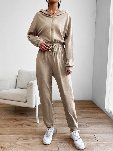 

drop shoulder drawstring waist hooded jumpsuit l8vo#, White