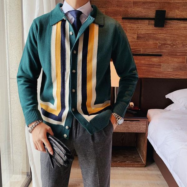 

men's sweaters contrast stitching stripe sweater men casual fashion lapel long sleeve cardigan, White;black