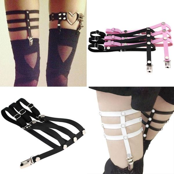 

women's faux leather garter belt elastic gothic punk leg harness thigh ring, Black;white