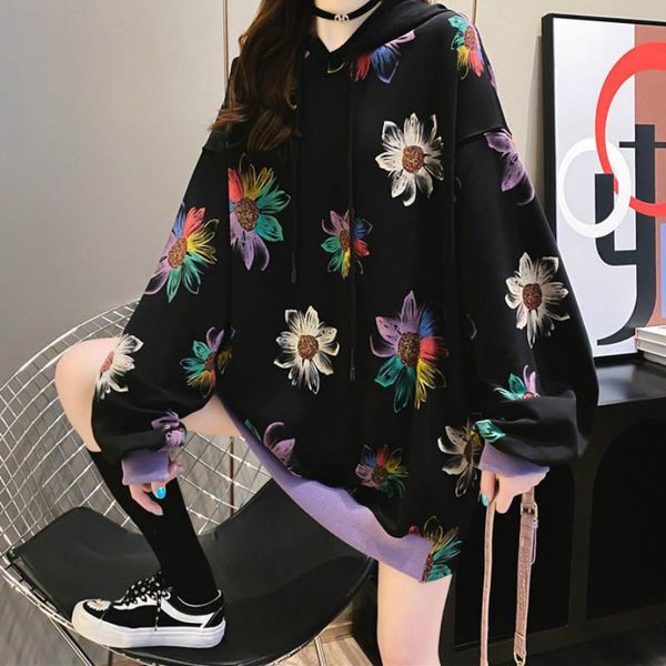 

deeptown korean style sweatshirt women autumn fashion 2020 cotton print hoodies women long sleeve harajuku pullover ladies, Black