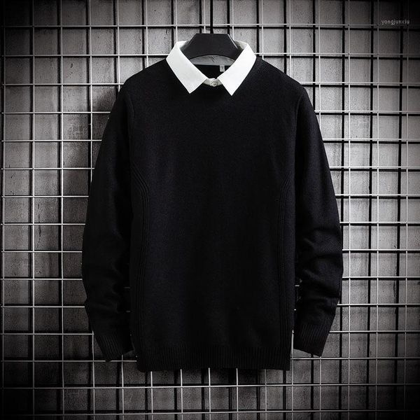

fit knitted mens fake two-piece solid pullover sweater shirt pull up long sleeve jumper autumn male sweaters pullovers 2021 new1, White;black