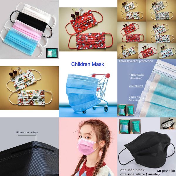 

wmp9kids disposable face christmas gift colorful mask 3 layer balck dust mouth masks cover 3-ply non-woven chilidren with bag