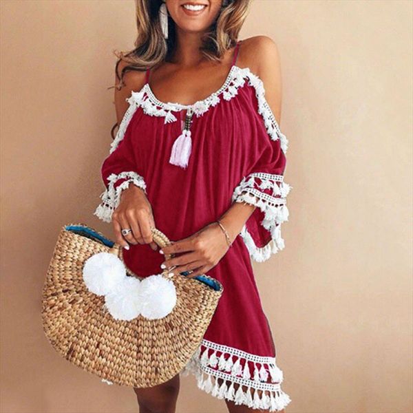 

2xl plus size womens bohemian beach dresses off shoulder strap tassel stitching lace dress sweet irregular summer dress g6, Black;gray