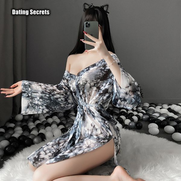 

costumes lingerie printing open front deep-v chiffon perspective suit japanese kimono sleepwear plus size erotic costumes, Black
