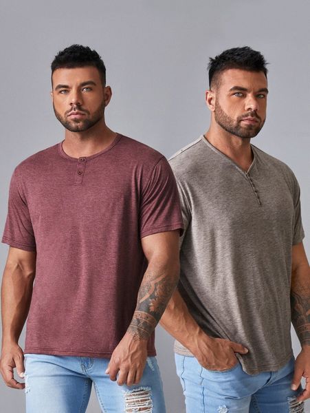 

extended sizes men 2pcs half button marled knit tee r6il#, White;black